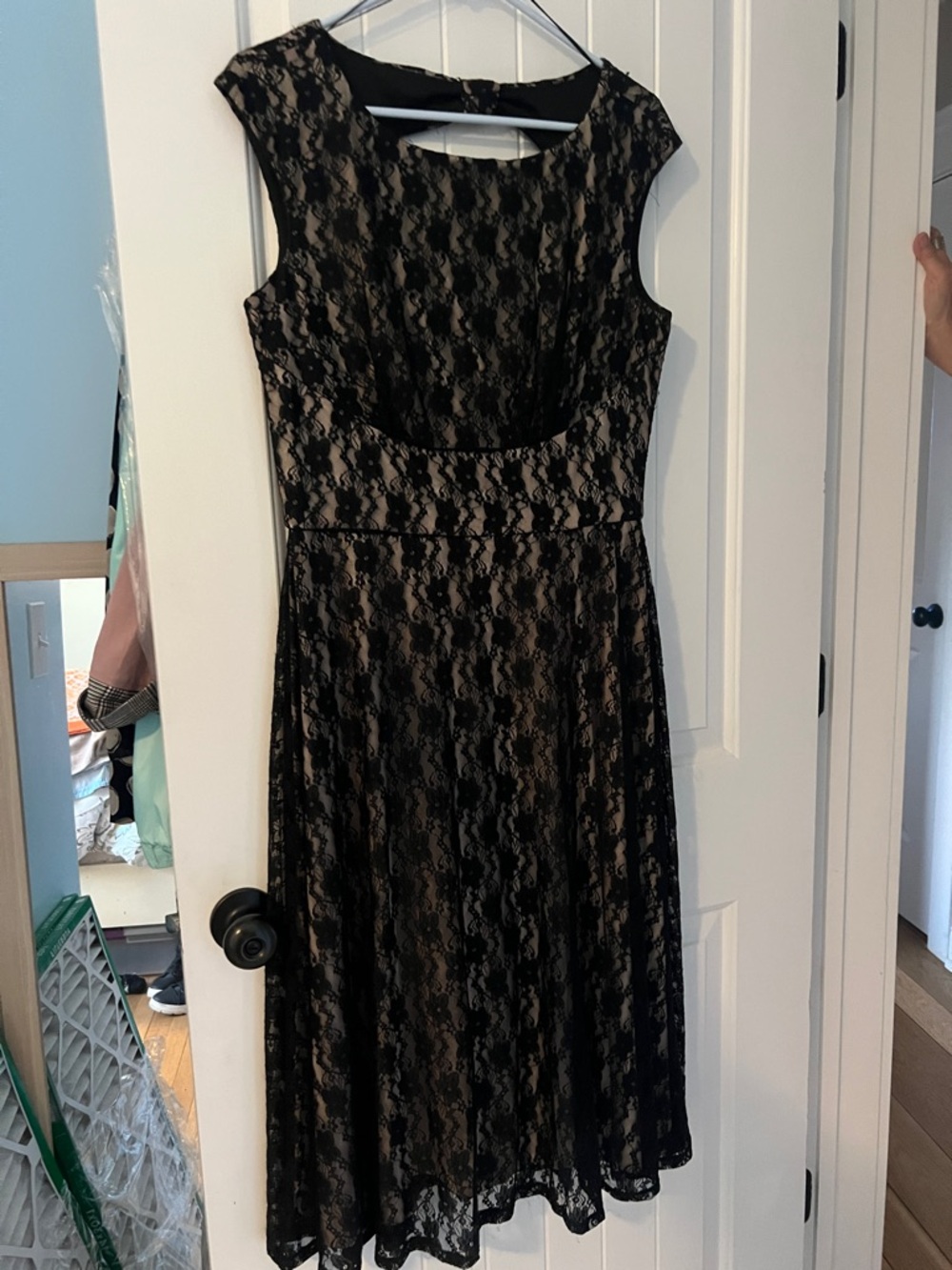 London Times Black Lace Midi Dress with Nude Lining